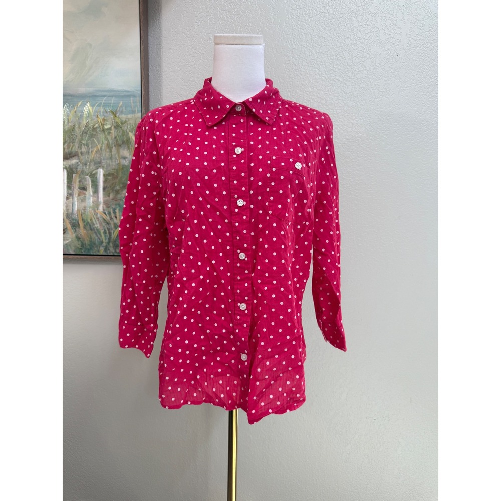 Karen Scott Womens Pink White Polka Dot Cotton Button Down Shirt Large